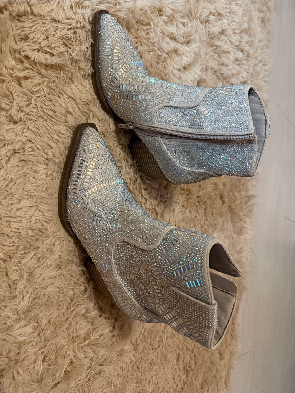 Embellished Silver Ankle Boots with Iridescent Rhinestones